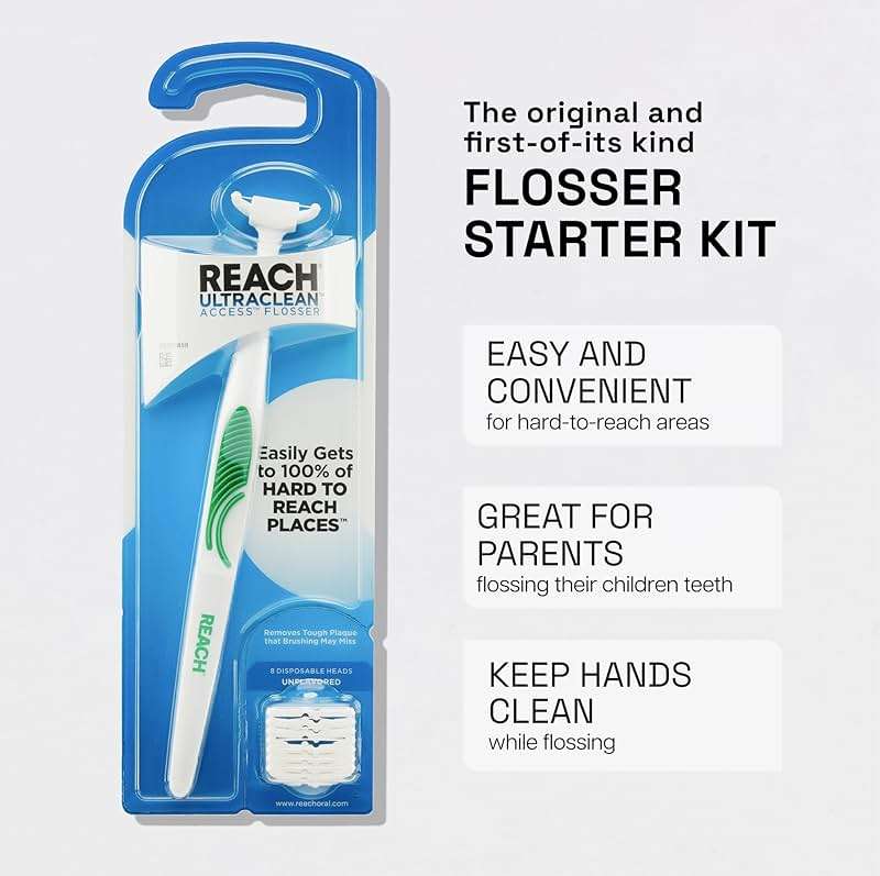 REACH Ultraclean Access Flosser Starter Kit, Unflavored, Plaque Remover for Teeth, for Hard to Reach Areas, Oral Care, PFAS Free, 1 Replaceable Flosser & 8 Refill Heads, 1 Pack - Image 5