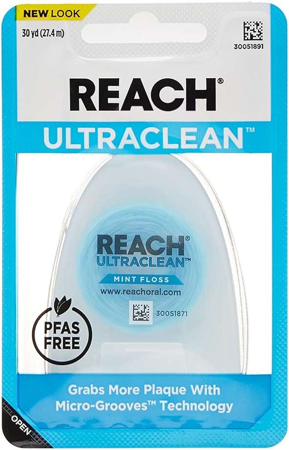 REACH Ultraclean Dental Floss, Mint, Plaque Remover for Teeth, Shred Resistant, Waxed, Easy on Gums & Teeth, Mint, Oral Care, PFAS Free, for Adults & Kids, 1 Pack, 30 yd - Image 1