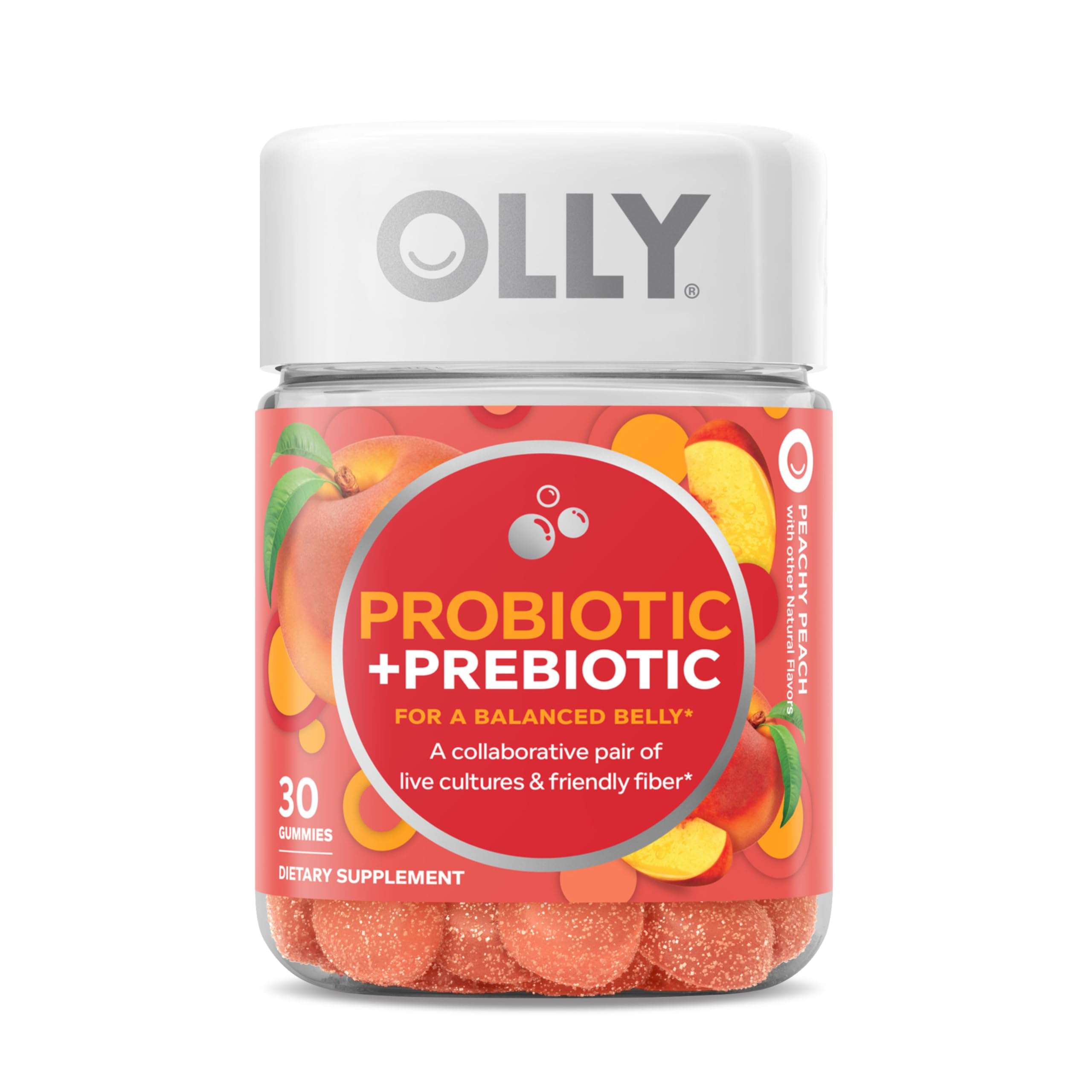 Olly, Probiotic + Prebiotic Gummy, 500 Million CFUs, Fos, Adult Chewable Supplement for Men and Women, Peach Flavored, 30 Day Supply, 30 Count - Image 1