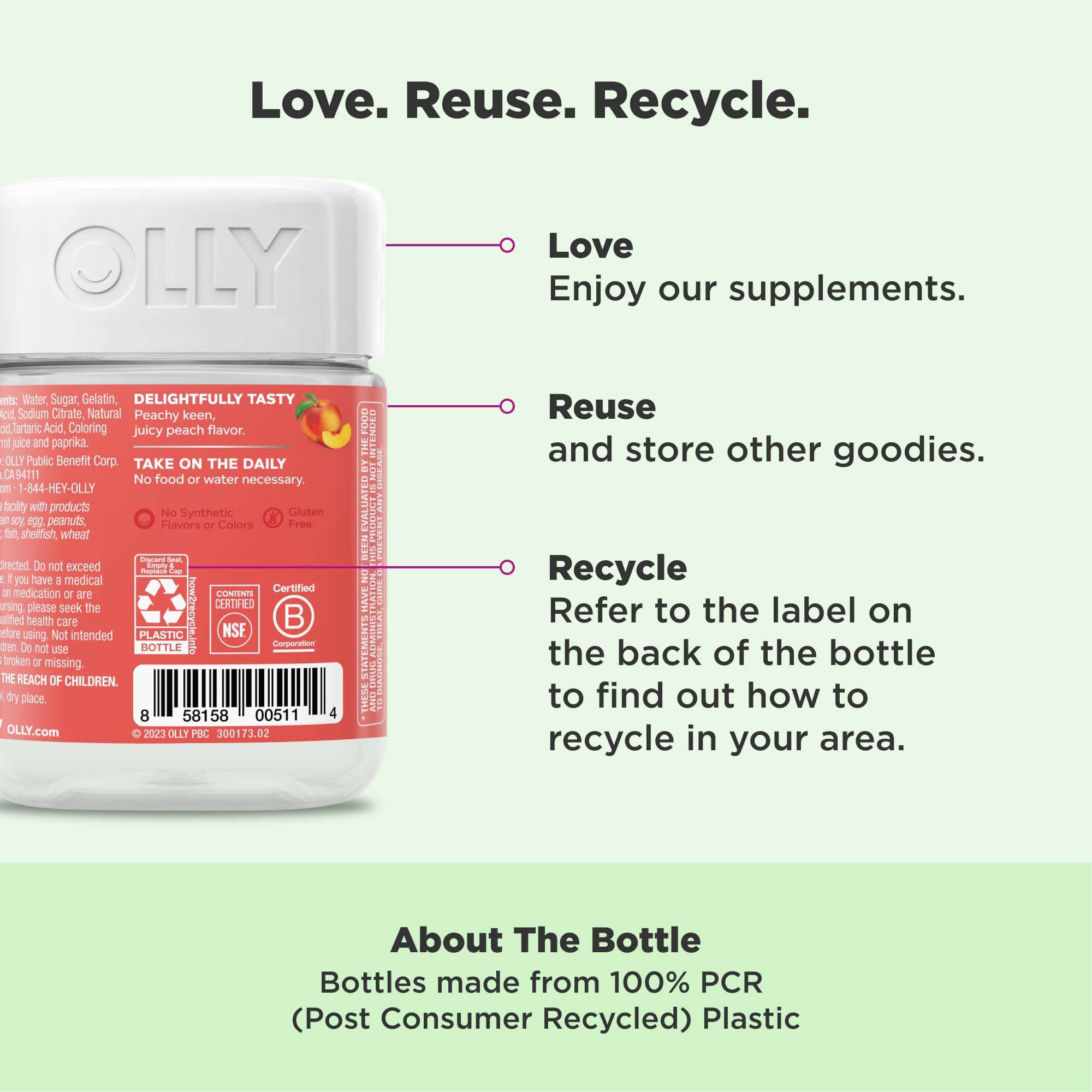 Olly, Probiotic + Prebiotic Gummy, 500 Million CFUs, Fos, Adult Chewable Supplement for Men and Women, Peach Flavored, 30 Day Supply, 30 Count - Image 3
