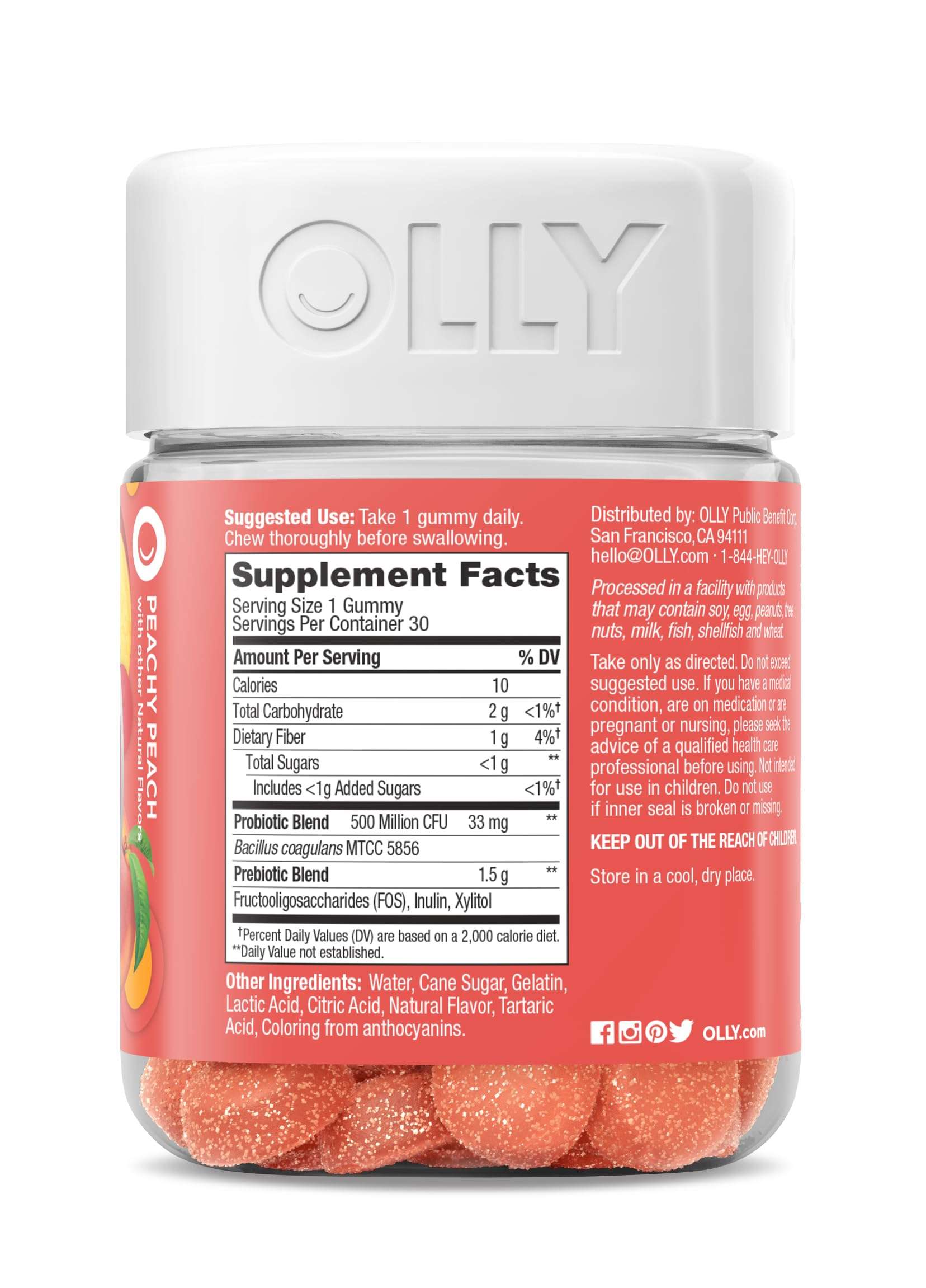Olly, Probiotic + Prebiotic Gummy, 500 Million CFUs, Fos, Adult Chewable Supplement for Men and Women, Peach Flavored, 30 Day Supply, 30 Count - Image 6