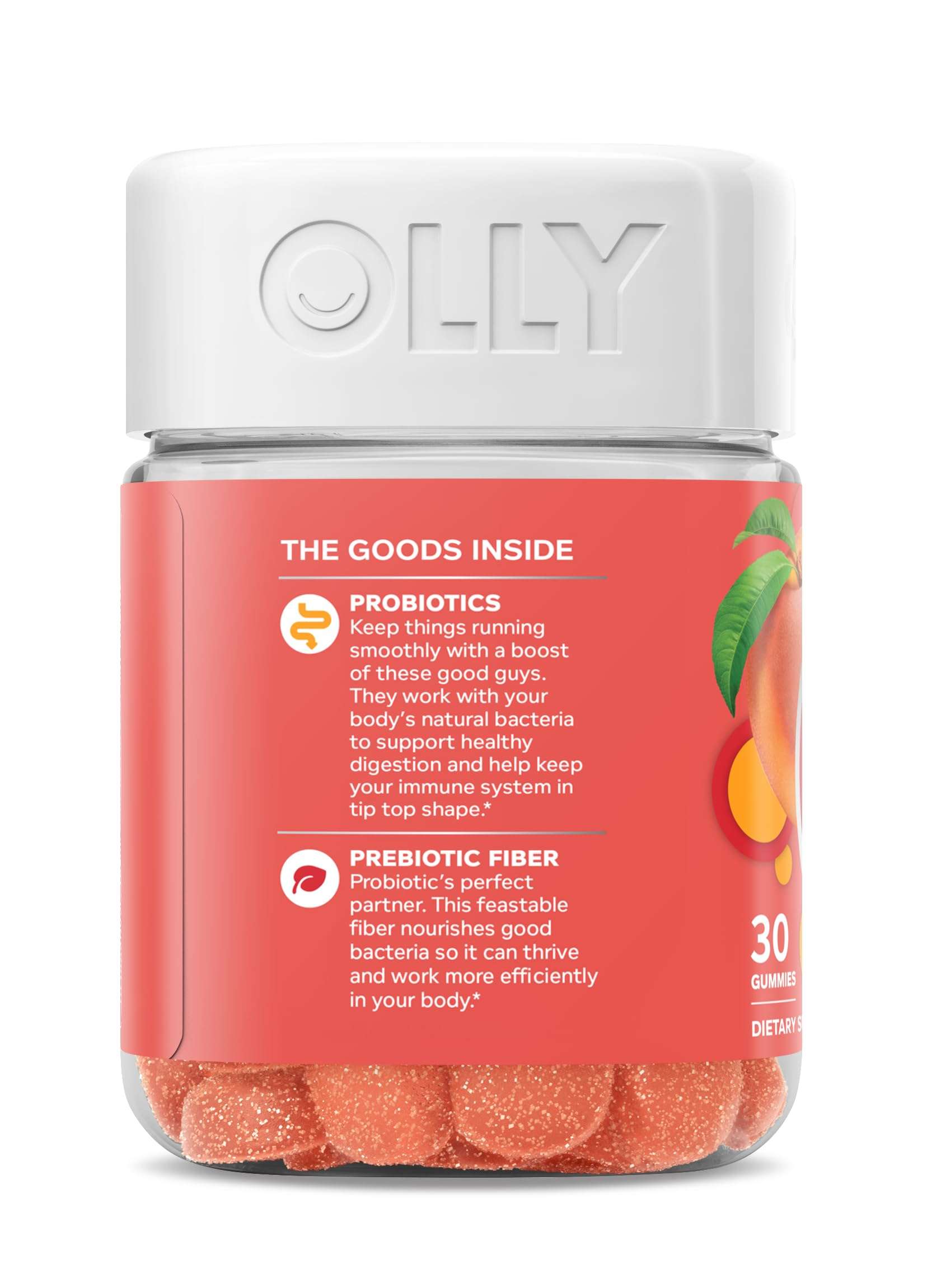 Olly, Probiotic + Prebiotic Gummy, 500 Million CFUs, Fos, Adult Chewable Supplement for Men and Women, Peach Flavored, 30 Day Supply, 30 Count - Image 8
