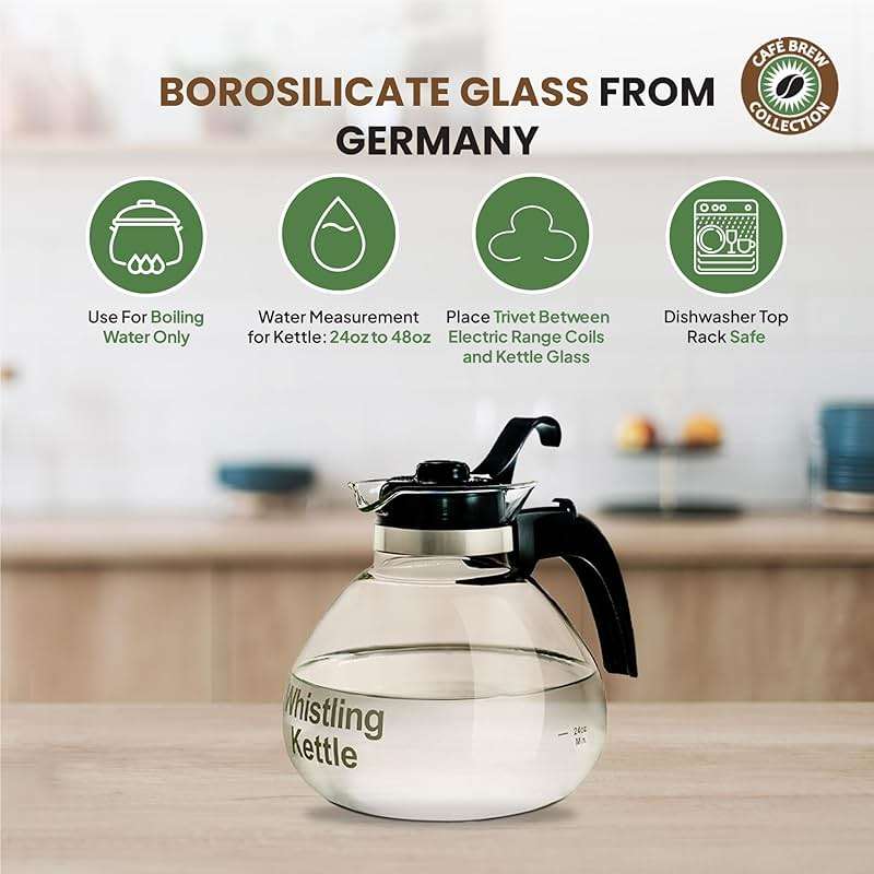 Borosilicate Glass Stove Top Whistling Tea Kettle - 12 Cup/48oz Capacity - BPA-Free - German Made Glass Kettle for Gas, Electric, and Glass Ranges - Image 4