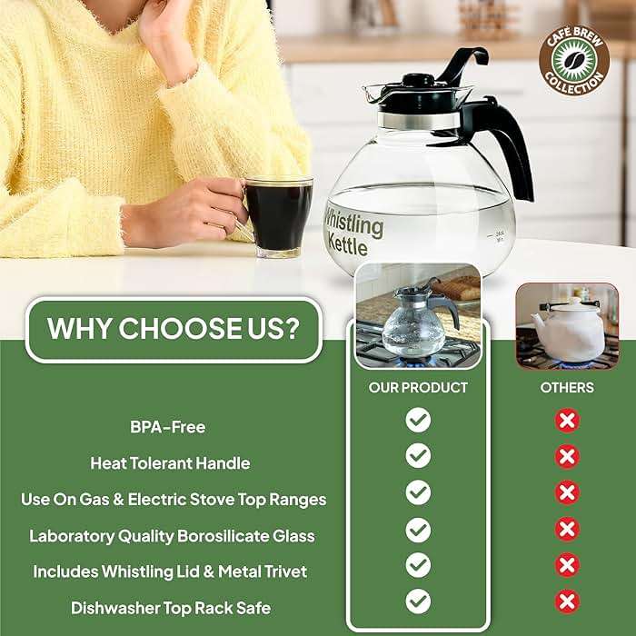 Borosilicate Glass Stove Top Whistling Tea Kettle - 12 Cup/48oz Capacity - BPA-Free - German Made Glass Kettle for Gas, Electric, and Glass Ranges - Image 6