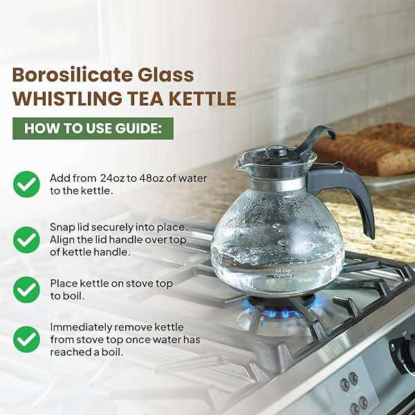 Borosilicate Glass Stove Top Whistling Tea Kettle - 12 Cup/48oz Capacity - BPA-Free - German Made Glass Kettle for Gas, Electric, and Glass Ranges - Image 7