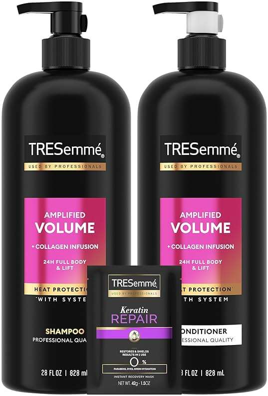 TRESemmé Shampoo and Conditioner Set, Amplified Volume + Collagen Infusion, 24H Full Body & Lift with Heat Protection + Keratin Repair Mask (3 Piece Set) - Image 1