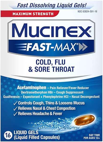 Mucinex Fast-Max Maximum Strength Cold, Flu & Sore Throat, Multi-Symptom Relief, Pain Reliever, Fever Reducer, Cough Suppressant, Expectorant, Nasal Decongestant, 16 Liquid Gels - Image 1