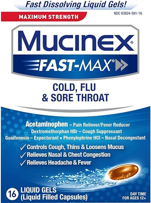 Mucinex Fast-Max Maximum Strength Cold, Flu & Sore Throat, Multi-Symptom Relief, Pain Reliever, Fever Reducer, Cough Suppressant, Expectorant, Nasal Decongestant, 16 Liquid Gels - Image 14