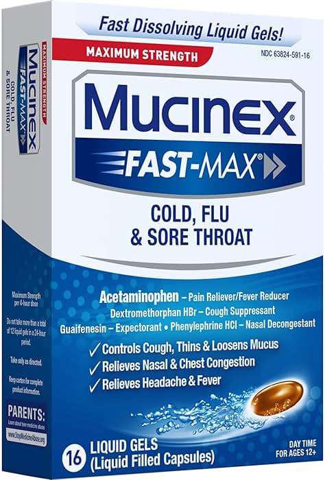 Mucinex Fast-Max Maximum Strength Cold, Flu & Sore Throat, Multi-Symptom Relief, Pain Reliever, Fever Reducer, Cough Suppressant, Expectorant, Nasal Decongestant, 16 Liquid Gels - Image 17