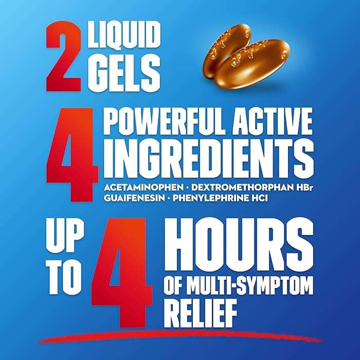 Mucinex Fast-Max Maximum Strength Cold, Flu & Sore Throat, Multi-Symptom Relief, Pain Reliever, Fever Reducer, Cough Suppressant, Expectorant, Nasal Decongestant, 16 Liquid Gels - Image 4