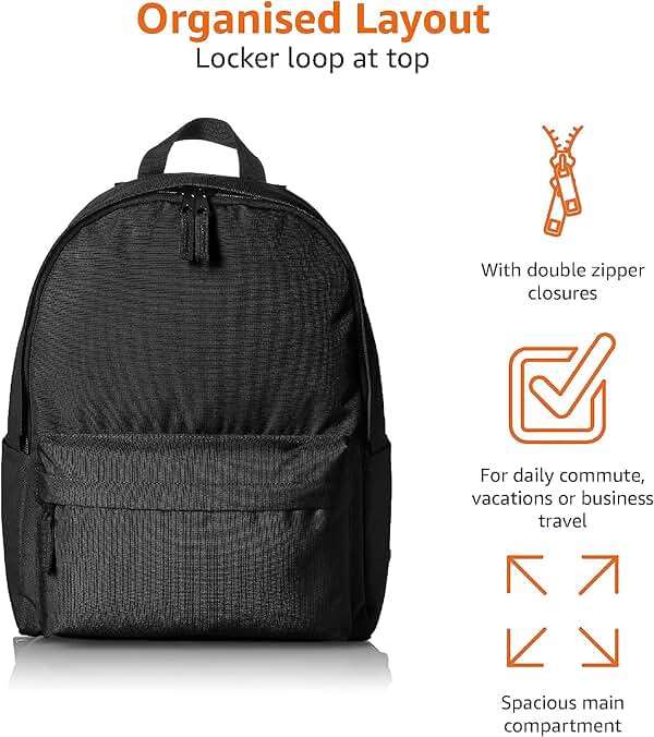 Amazon Basics Backpack for School, Travel, Study with Padded Adjustable Shoulder Straps, Spacious Compartment, Water Bottle Pockets, Durable Classic Design, Black - Image 4