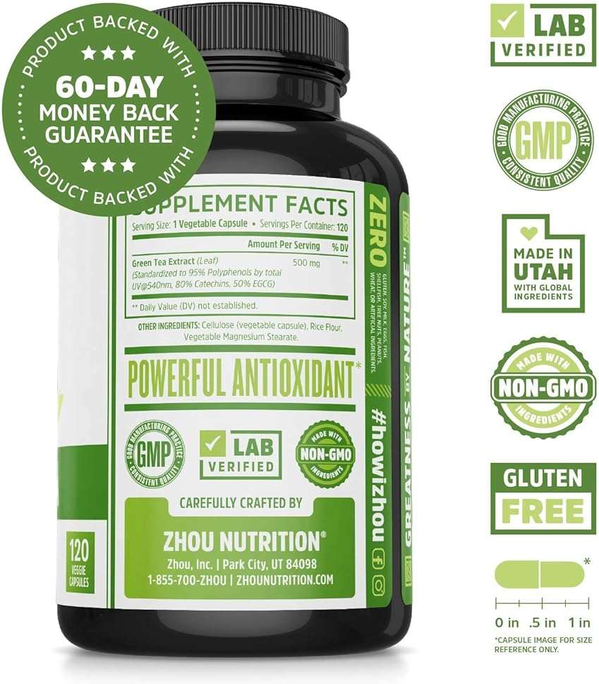 Zhou Green Tea Extract Capsules with EGCG, Natural Energy, Mental Focus, Immune Health, Antioxidant and Heart Support, Non-GMO, Vegan, Gluten Free, 120 Capsules - Image 2