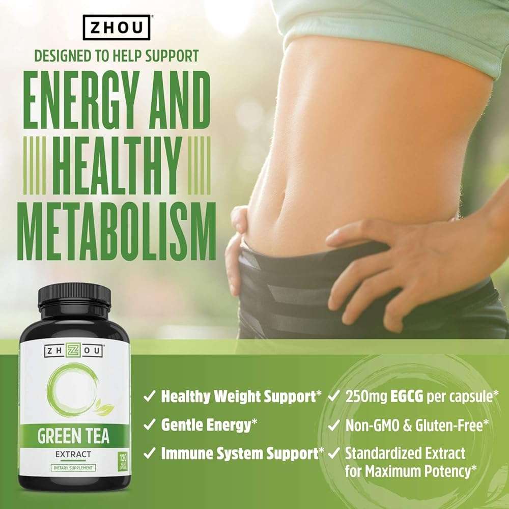 Zhou Green Tea Extract Capsules with EGCG, Natural Energy, Mental Focus, Immune Health, Antioxidant and Heart Support, Non-GMO, Vegan, Gluten Free, 120 Capsules - Image 3