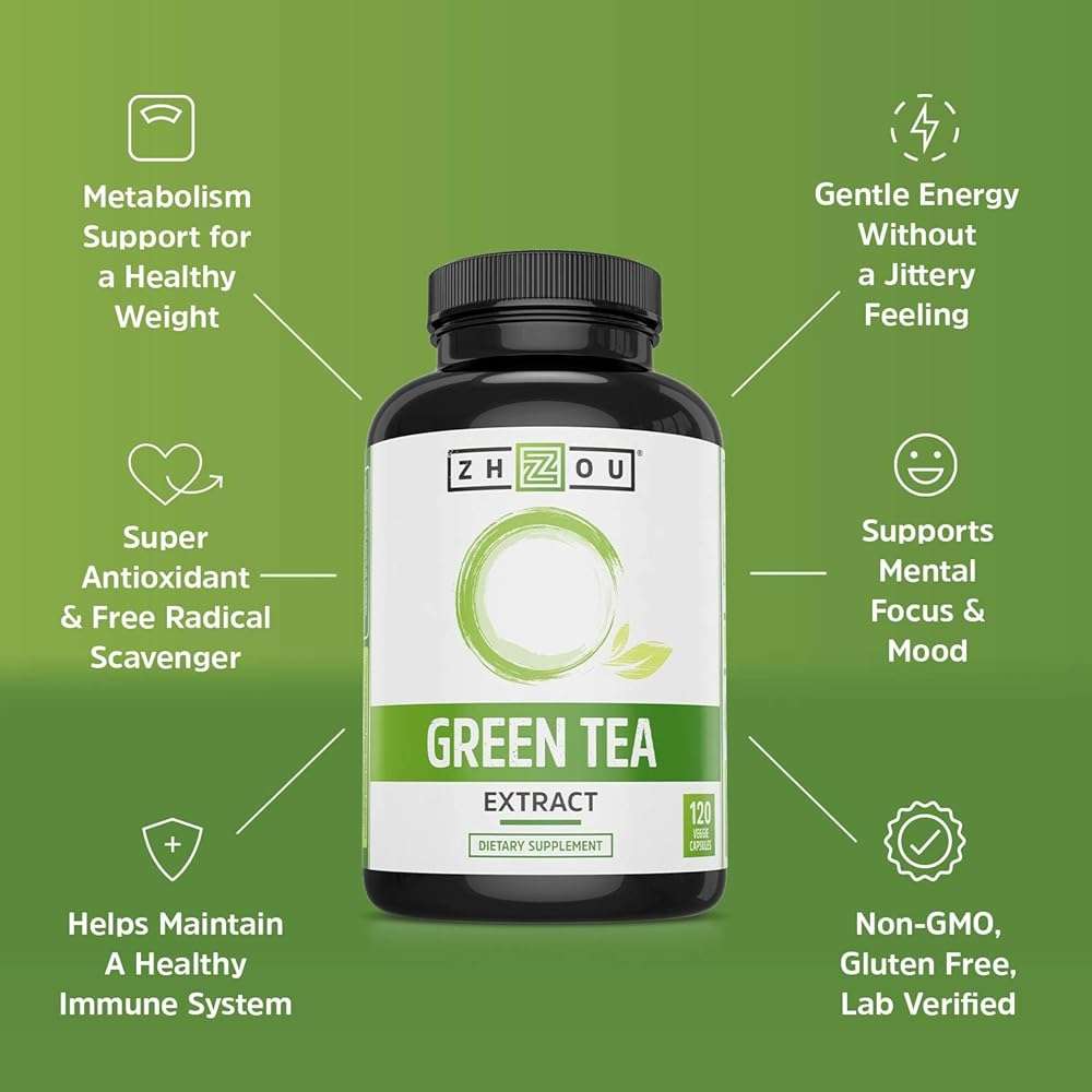Zhou Green Tea Extract Capsules with EGCG, Natural Energy, Mental Focus, Immune Health, Antioxidant and Heart Support, Non-GMO, Vegan, Gluten Free, 120 Capsules - Image 4