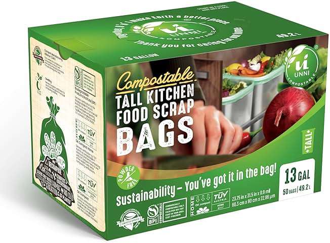 UNNI Compostable Trash Bags, 13 Gallon / 49.2 Liter, 50 Count, Extra Thick 0.9 Mil Tall Kitchen Food Scrap Bin Liners, Certified by BPI, CMA & OK compost HOME, Meets the ASTM D6400 Standard - Image 6