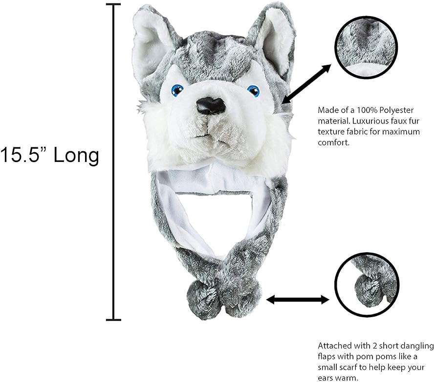 Super Z Outlet Cute Plush Animal Hat Winter Warm Winter Fashion Clothing Accessories (Husky/Wolf-Short) Grey - Image 2