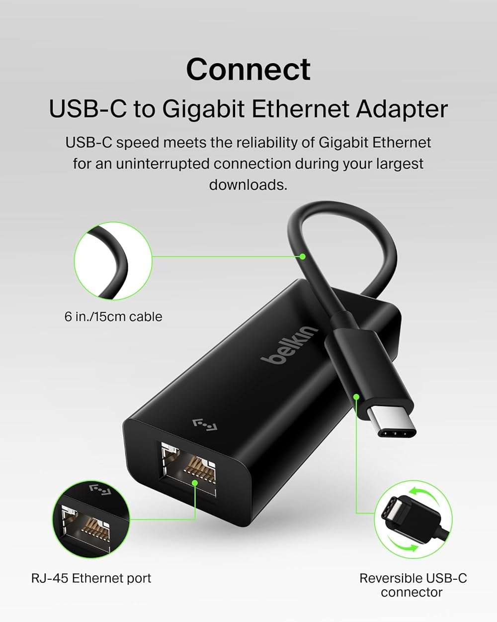 Belkin USB-C to Ethernet Adapter, Gigabit Ethernet Port Compatible w/ USB-C Devices, USB-C to Ethernet Cable for MacBook Pro & Dell XPS 13” Laptops, Ethernet USB-C Hub, Ethernet USB-C Adapter - Black - Image 2