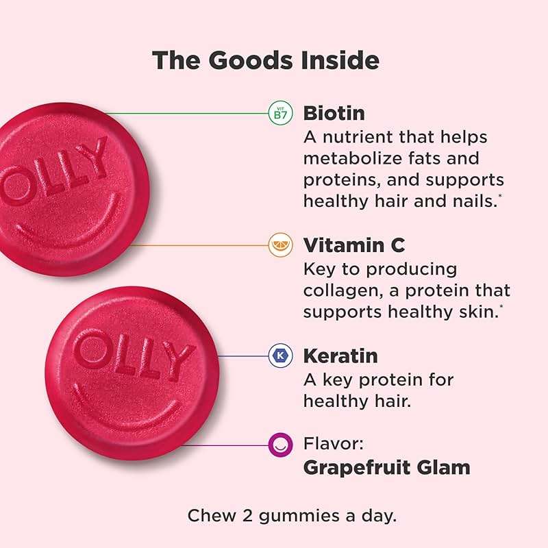 OLLY Hair Skin and Nails Gummies - Undeniable Beauty with Biotin 2500mcg Per 2 Gummies, Keratin & Vitamin C - Supports Healthy Hair, Skin, & Nails - Grapefruit Flavor - 60 Count - Image 3