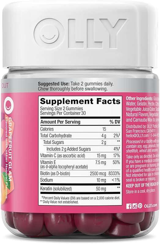 OLLY Hair Skin and Nails Gummies - Undeniable Beauty with Biotin 2500mcg Per 2 Gummies, Keratin & Vitamin C - Supports Healthy Hair, Skin, & Nails - Grapefruit Flavor - 60 Count - Image 9