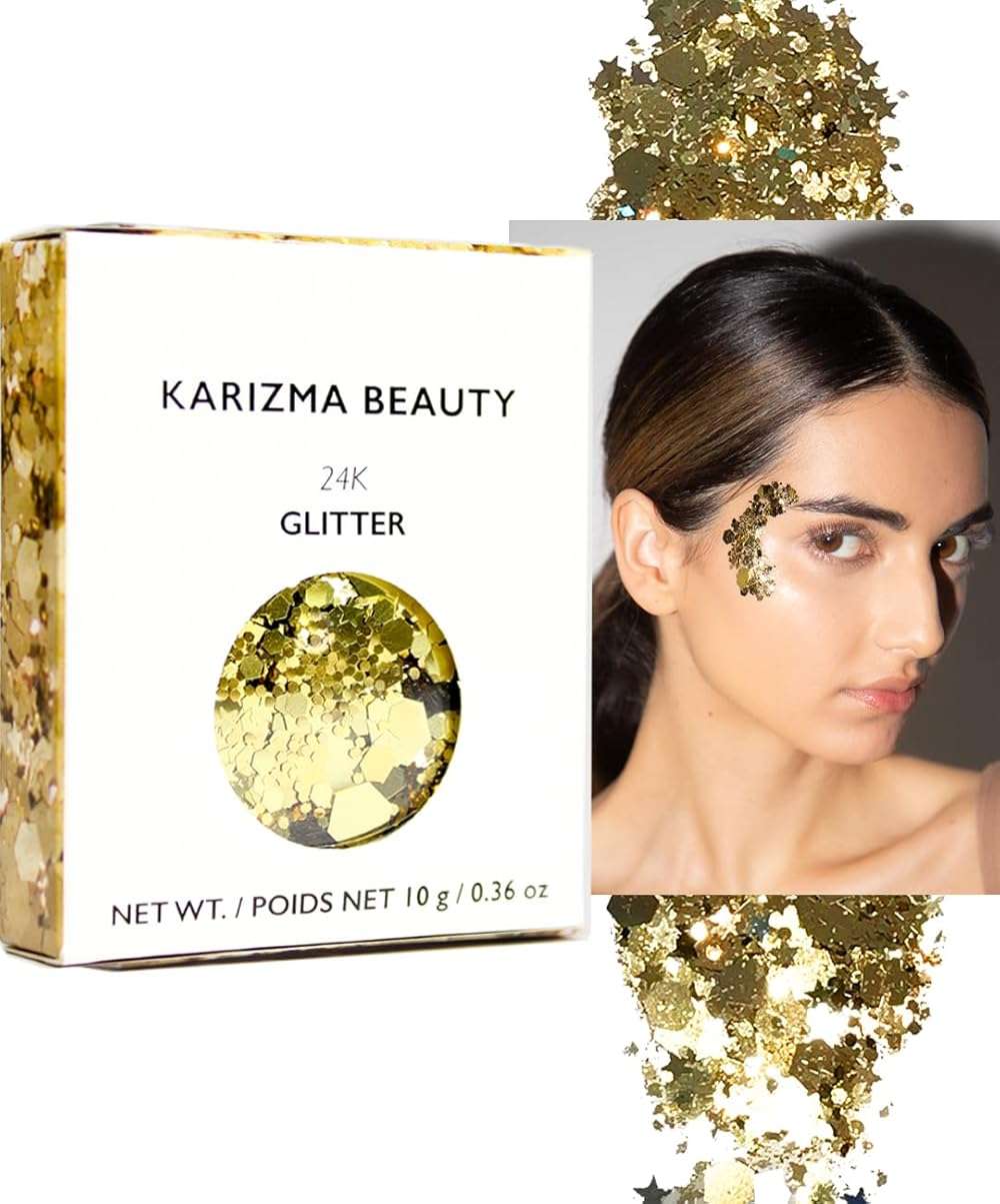 KARIZMA 24K Gold Glitter. 10g Chunky Face, Hair, Eye and Body for Women. Rave Festival Accessories, Cosmetic Makeup. Loose Set - Image 1