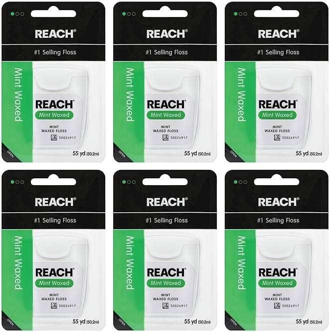 REACH Waxed Dental Floss, Mint, Plaque Remover for Teeth, Shred Resistant, Floss Slides Smoothly, Easy to Use, Waxed, Deep Cleaning Teeth, Oral Care, PFAS Free, for Adults & Kids, 6 Pack, 55 yd - Image 1
