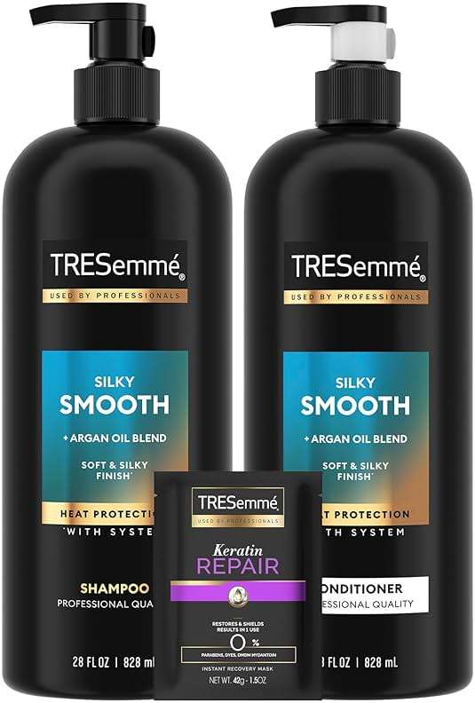 TRESemmé Shampoo and Conditioner Set, Silky & Smooth + Keratin Repair Hair Mask – Anti-Frizz Hair Products with Argan Oleo Blend (3 Piece Set) - Image 1