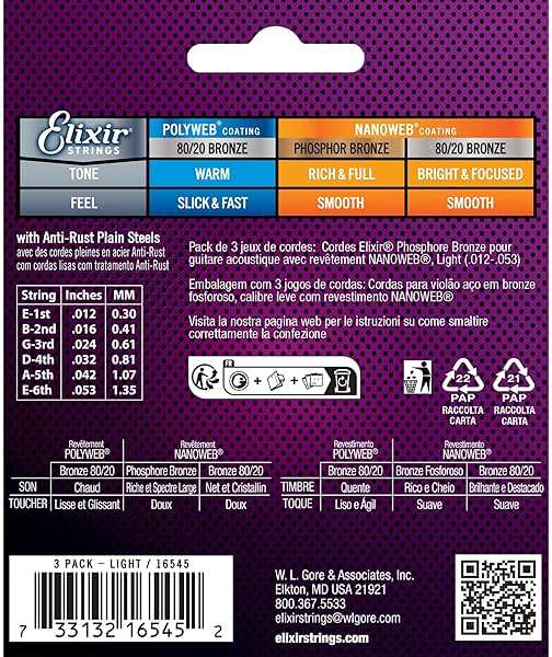 Elixir Strings, Acoustic Guitar Strings, Phosphor Bronze with NANOWEB Coating, Longest-Lasting Rich and Full Tone with Comfortable Feel, 6 String Set, 3 Pack, Light 12-53 - Image 2