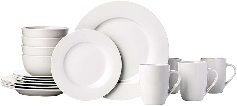 Amazon Basics 16-Piece Porcelain Dinnerware Set, Microwave and Dishwasher Safe, Service for 4, Plates, Bowls and Mugs, White - Image 1