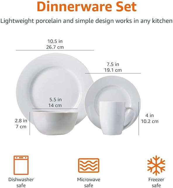 Amazon Basics 16-Piece Porcelain Dinnerware Set, Microwave and Dishwasher Safe, Service for 4, Plates, Bowls and Mugs, White - Image 3