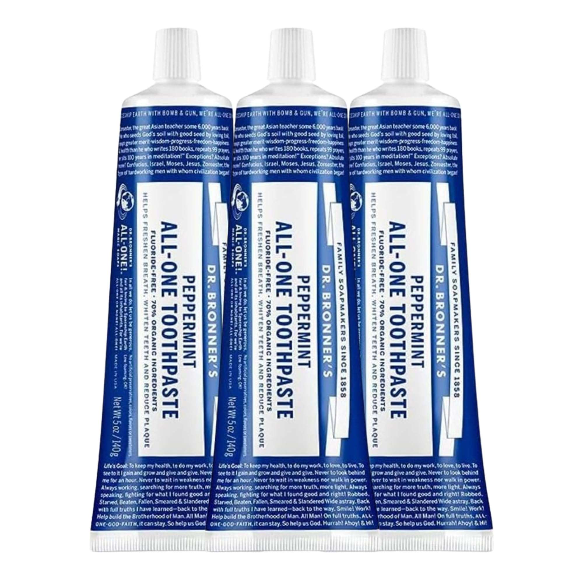 Dr. Bronner’s All-One Toothpaste Pack of 3– Peppermint, 5 oz– Fluoride-Free Toothpaste for Adults, SLS-Free, 70% Organic & Natural Ingredients, Vegan, Helps Freshen Breath & Reduce Plaque - Image 1