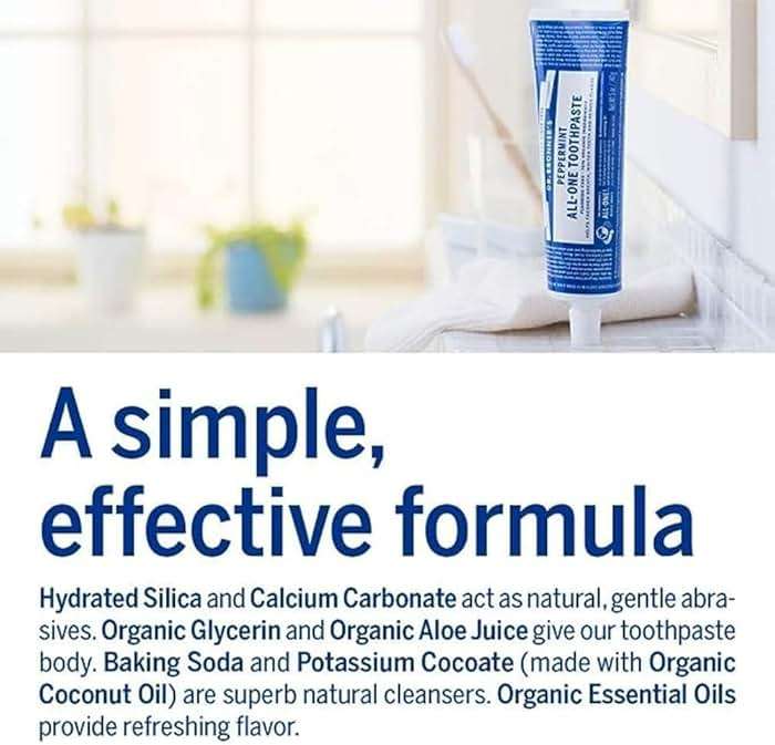 Dr. Bronner’s All-One Toothpaste Pack of 3– Peppermint, 5 oz– Fluoride-Free Toothpaste for Adults, SLS-Free, 70% Organic & Natural Ingredients, Vegan, Helps Freshen Breath & Reduce Plaque - Image 2