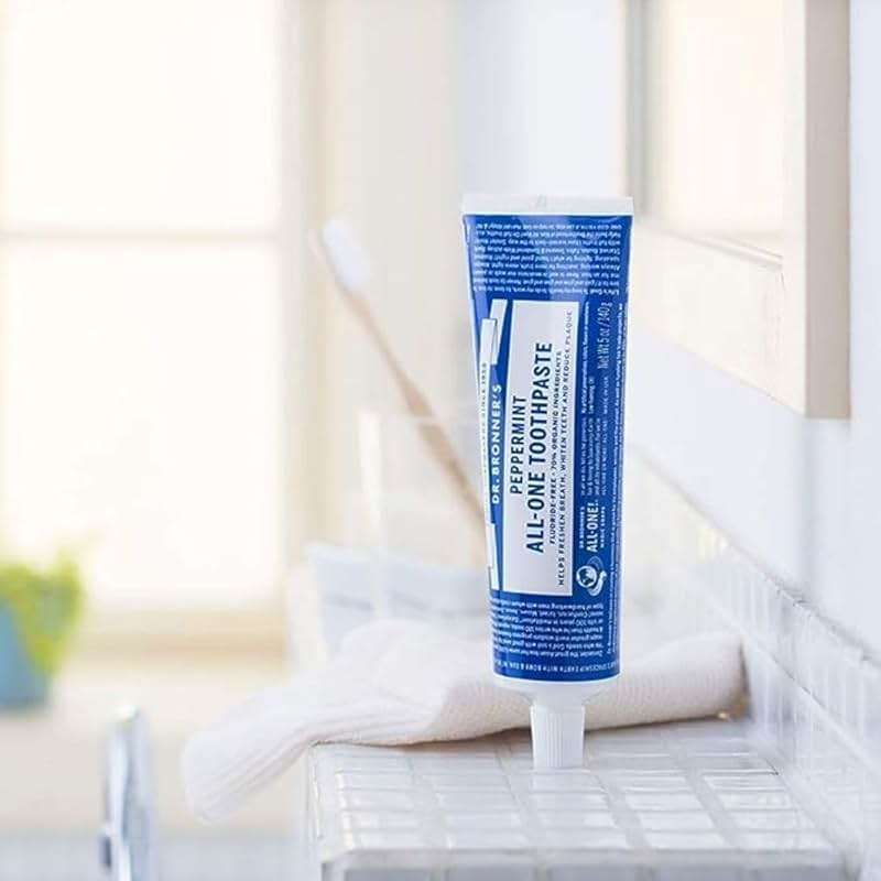 Dr. Bronner’s All-One Toothpaste Pack of 3– Peppermint, 5 oz– Fluoride-Free Toothpaste for Adults, SLS-Free, 70% Organic & Natural Ingredients, Vegan, Helps Freshen Breath & Reduce Plaque - Image 3