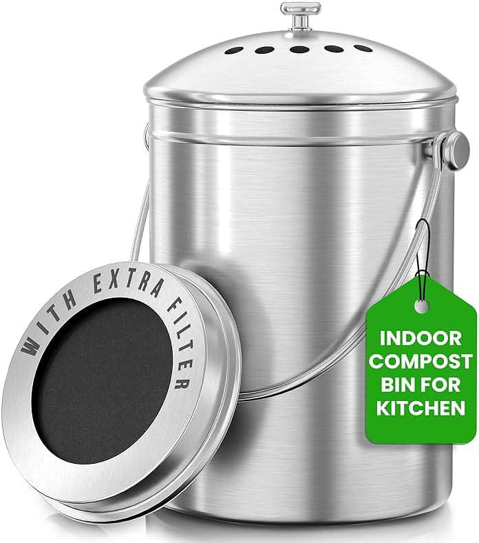 Utopia Kitchen Countertop Compost Bin Kitchen with Charcoal Filter -1.3gallon Stainless Steel Kitchen Compost Bin Countertop - Ideal Kitchen Essentials or Small Composter for Under The Sink Trash - Image 1