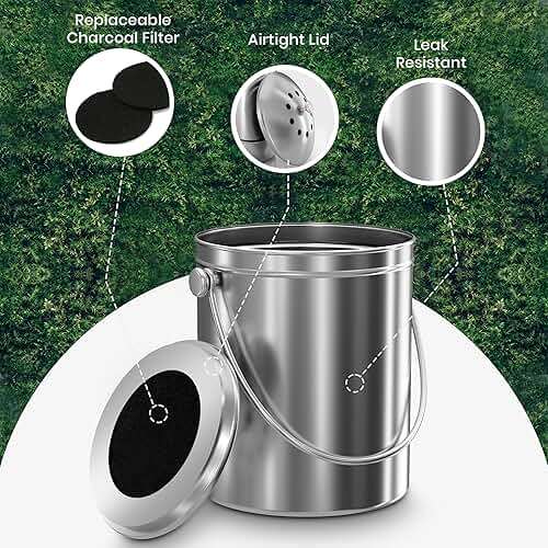 Utopia Kitchen Countertop Compost Bin Kitchen with Charcoal Filter -1.3gallon Stainless Steel Kitchen Compost Bin Countertop - Ideal Kitchen Essentials or Small Composter for Under The Sink Trash - Image 5