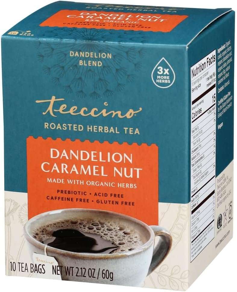 Teeccino Dandelion Caramel Nut Tea - Caffeine Free, Roasted Herbal Tea with Prebiotics, 3x More Herbs than Regular Tea Bags, Gluten Free - 10 Tea Bags - Image 1