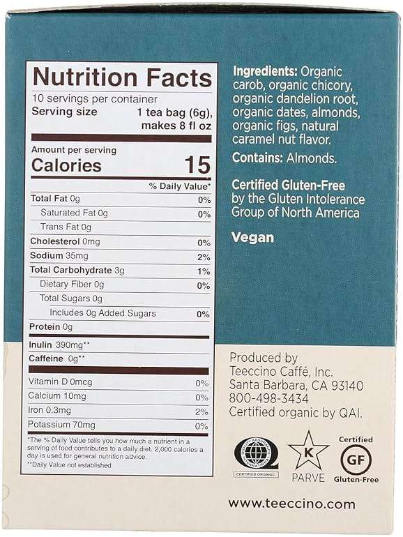 Teeccino Dandelion Caramel Nut Tea - Caffeine Free, Roasted Herbal Tea with Prebiotics, 3x More Herbs than Regular Tea Bags, Gluten Free - 10 Tea Bags - Image 2