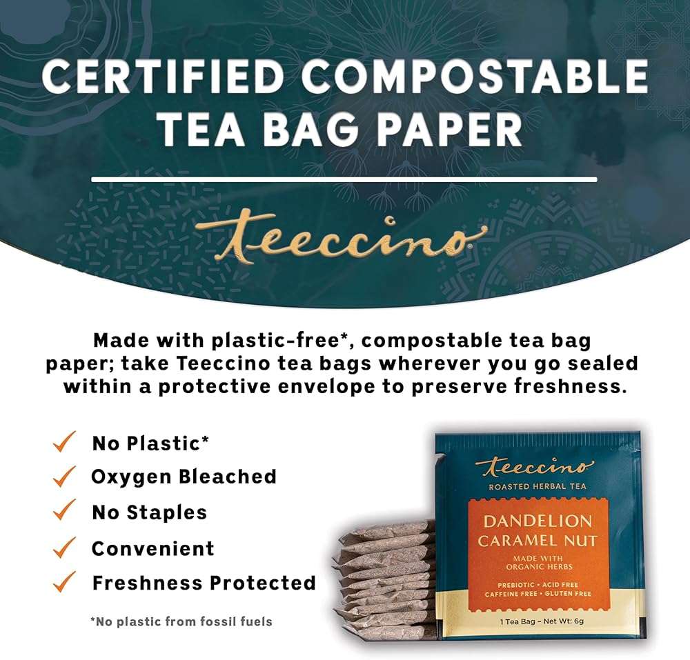 Teeccino Dandelion Caramel Nut Tea - Caffeine Free, Roasted Herbal Tea with Prebiotics, 3x More Herbs than Regular Tea Bags, Gluten Free - 10 Tea Bags - Image 3