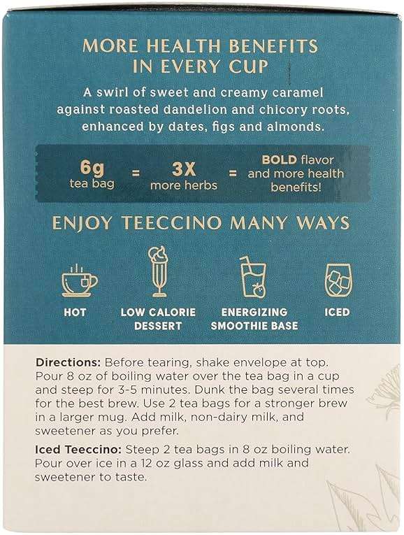 Teeccino Dandelion Caramel Nut Tea - Caffeine Free, Roasted Herbal Tea with Prebiotics, 3x More Herbs than Regular Tea Bags, Gluten Free - 10 Tea Bags - Image 6