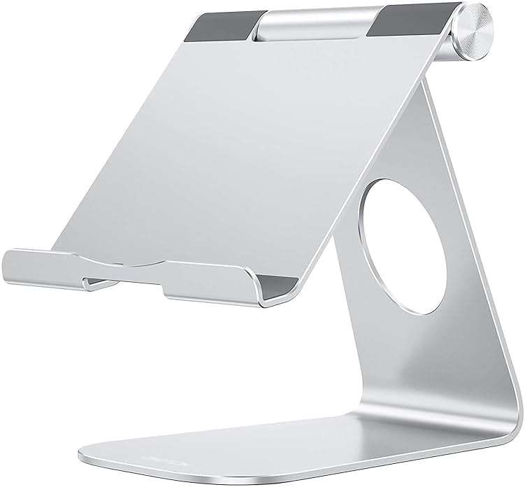 OMOTON Tablet Stand Holder Adjustable, T1 Desktop Aluminum Tablet Dock Cradle Compatible with iPad Air/Mini, iPad 10.2/9.7, iPad Pro 11/12.9/13, Samsung Tab and More Up to 13 inch, Silver - Image 1