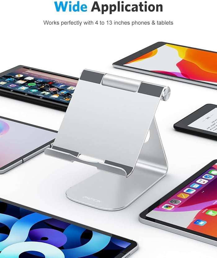 OMOTON Tablet Stand Holder Adjustable, T1 Desktop Aluminum Tablet Dock Cradle Compatible with iPad Air/Mini, iPad 10.2/9.7, iPad Pro 11/12.9/13, Samsung Tab and More Up to 13 inch, Silver - Image 2