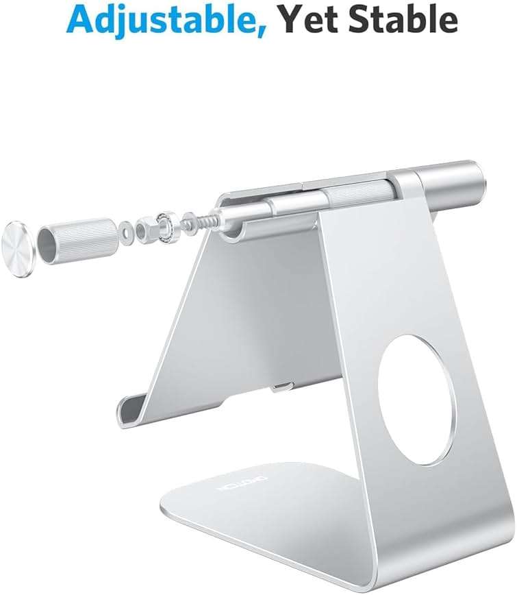OMOTON Tablet Stand Holder Adjustable, T1 Desktop Aluminum Tablet Dock Cradle Compatible with iPad Air/Mini, iPad 10.2/9.7, iPad Pro 11/12.9/13, Samsung Tab and More Up to 13 inch, Silver - Image 3