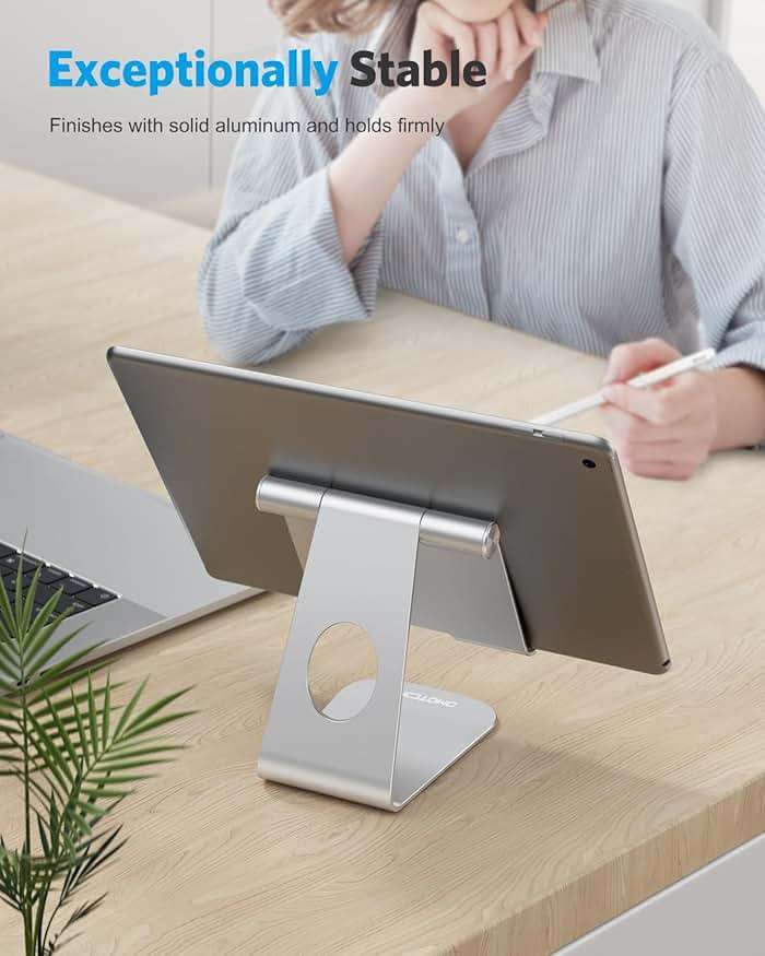 OMOTON Tablet Stand Holder Adjustable, T1 Desktop Aluminum Tablet Dock Cradle Compatible with iPad Air/Mini, iPad 10.2/9.7, iPad Pro 11/12.9/13, Samsung Tab and More Up to 13 inch, Silver - Image 4