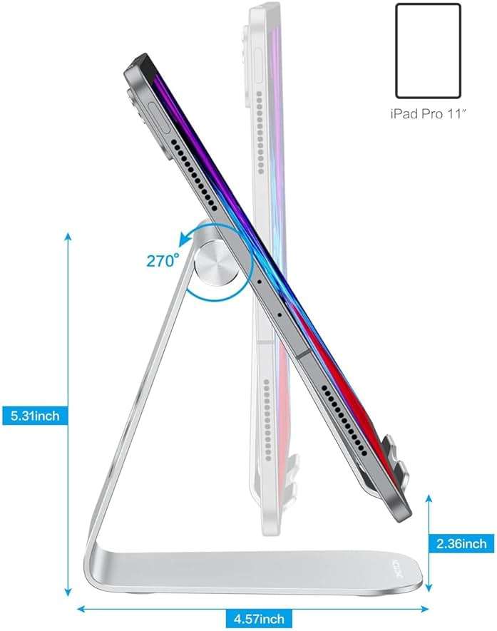 OMOTON Tablet Stand Holder Adjustable, T1 Desktop Aluminum Tablet Dock Cradle Compatible with iPad Air/Mini, iPad 10.2/9.7, iPad Pro 11/12.9/13, Samsung Tab and More Up to 13 inch, Silver - Image 6