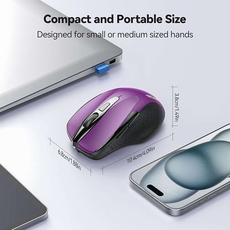 TECKNET Wireless Mouse, 2.4G Ergonomic Optical Mouse, Computer Mouse for Laptop, PC, Computer, Chromebook, Notebook, 6 Buttons, 24 Months Battery Life, 2600 DPI, 5 Adjustment Levels - Purple - Image 2