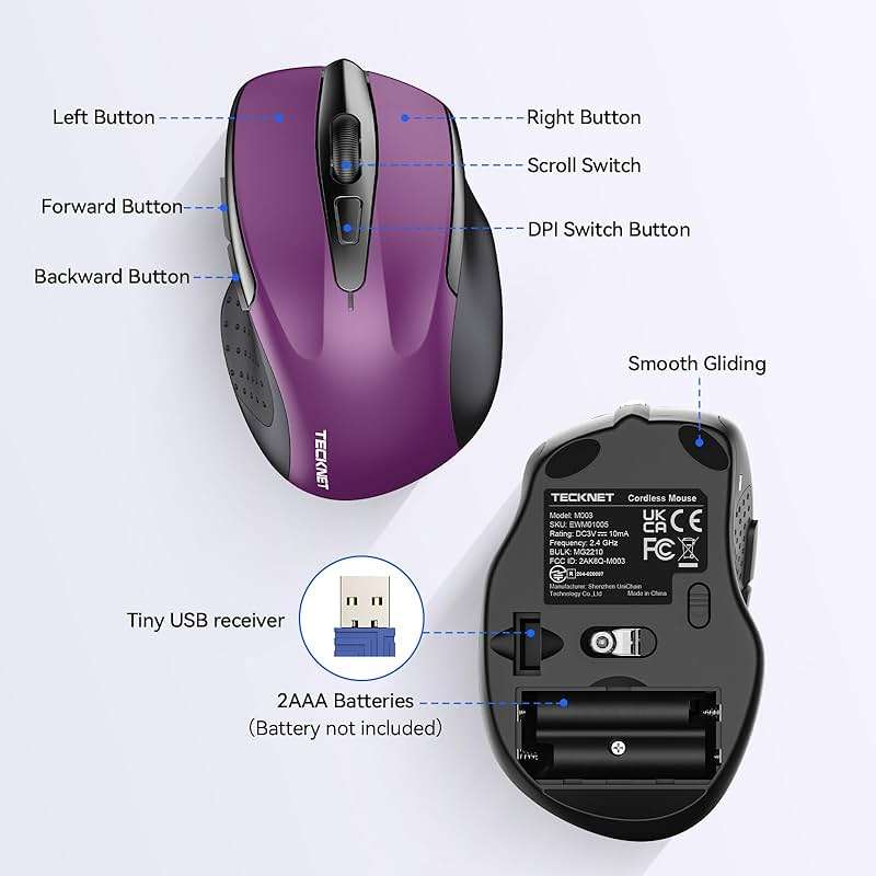 TECKNET Wireless Mouse, 2.4G Ergonomic Optical Mouse, Computer Mouse for Laptop, PC, Computer, Chromebook, Notebook, 6 Buttons, 24 Months Battery Life, 2600 DPI, 5 Adjustment Levels - Purple - Image 5