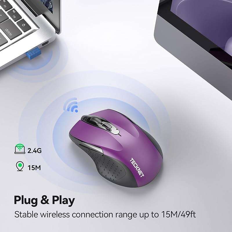 TECKNET Wireless Mouse, 2.4G Ergonomic Optical Mouse, Computer Mouse for Laptop, PC, Computer, Chromebook, Notebook, 6 Buttons, 24 Months Battery Life, 2600 DPI, 5 Adjustment Levels - Purple - Image 6
