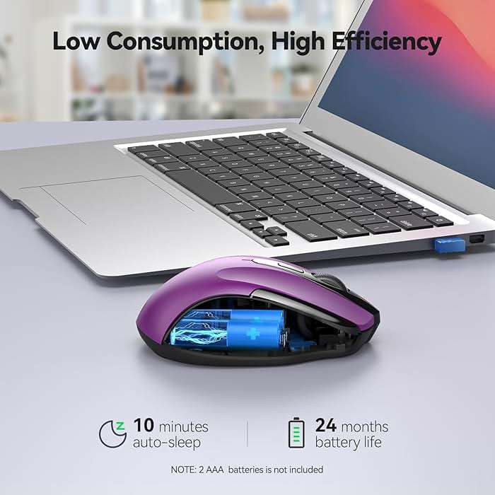 TECKNET Wireless Mouse, 2.4G Ergonomic Optical Mouse, Computer Mouse for Laptop, PC, Computer, Chromebook, Notebook, 6 Buttons, 24 Months Battery Life, 2600 DPI, 5 Adjustment Levels - Purple - Image 7