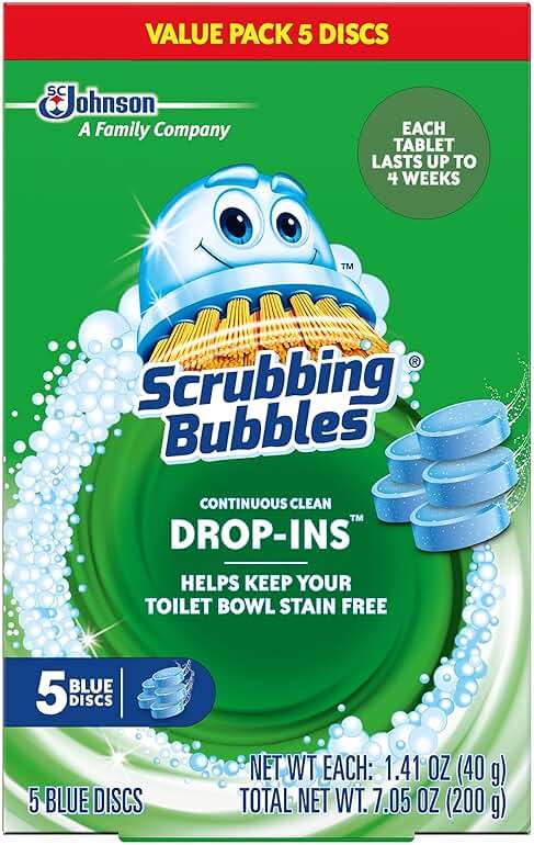 Scrubbing Bubbles Continuous Clean Toilet Drop-Ins, Automatic Blue Toilet Bowl Cleaner, Septic-Safe Tank Tablets Remove Hard Water Minerals & Limescale, Stain & Smell Protection, 5 Count (Pack of 1) - Image 1