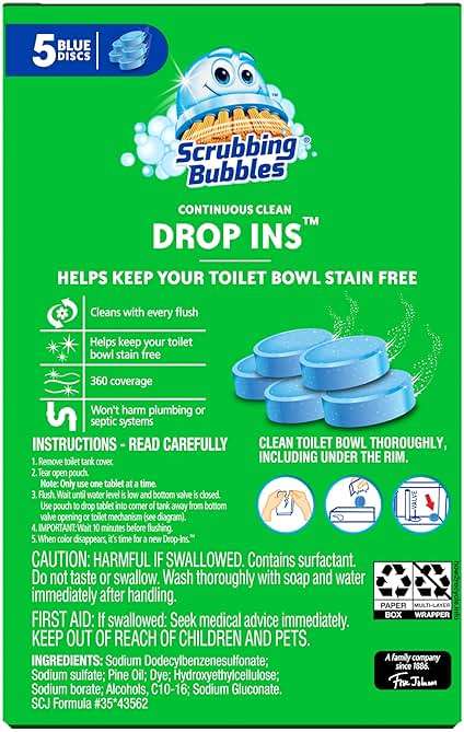 Scrubbing Bubbles Continuous Clean Toilet Drop-Ins, Automatic Blue Toilet Bowl Cleaner, Septic-Safe Tank Tablets Remove Hard Water Minerals & Limescale, Stain & Smell Protection, 5 Count (Pack of 1) - Image 7
