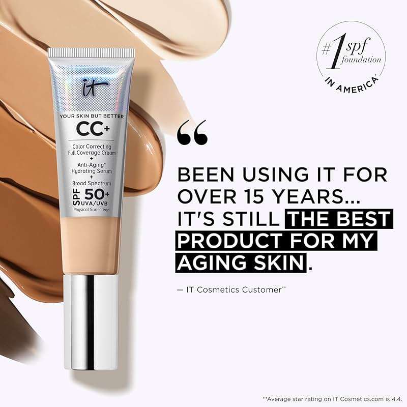 IT Cosmetics CC+ Cream - Natural Full Coverage Foundation With SPF 50+, Color Corrector & Anti-Aging Hydrating Serum, Hyaluronic Acid + Peptides, Lightweight Up To 24H Wear, All Skin Types - Image 8